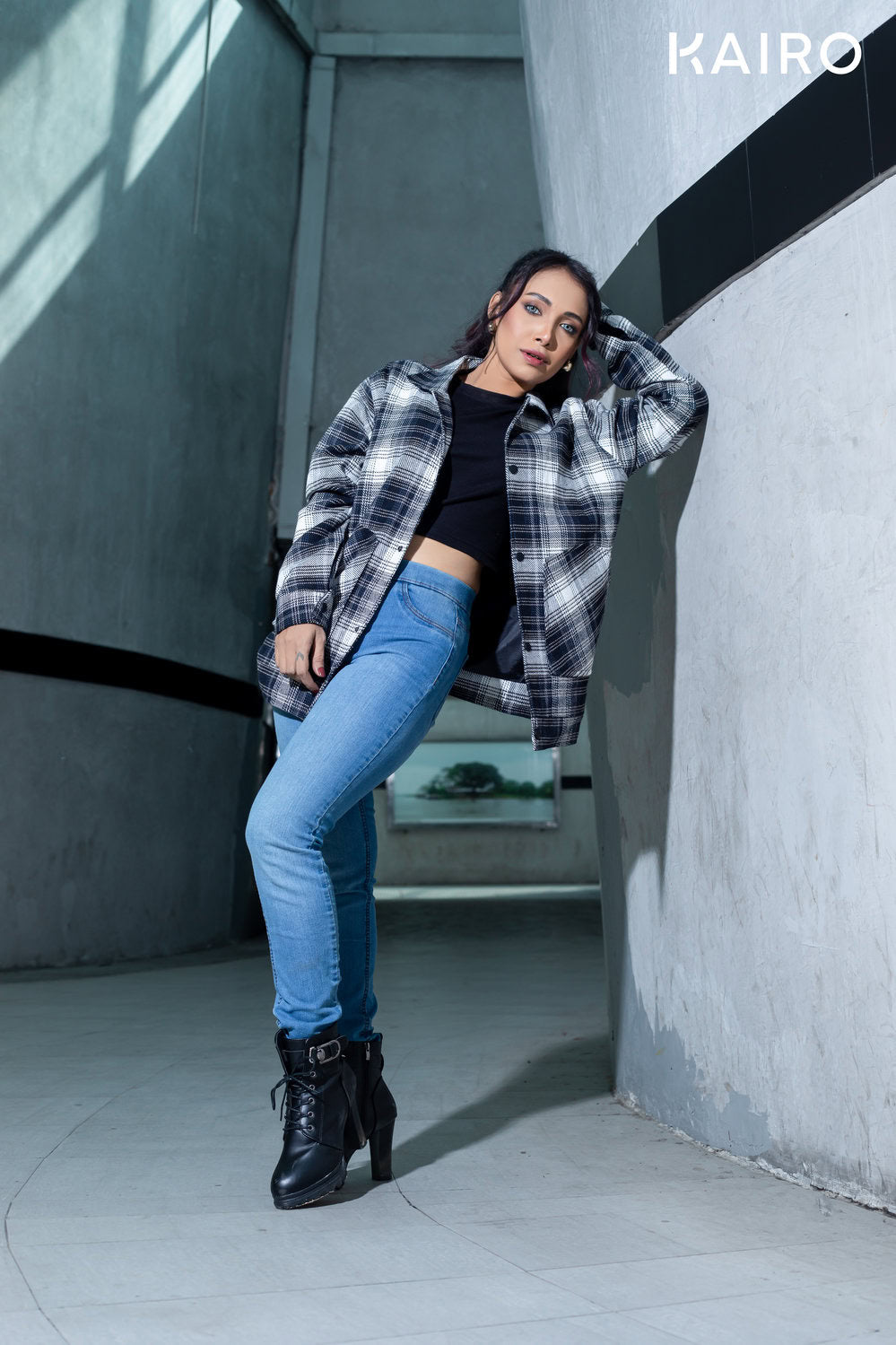 Black and White Color Check Double Part Jacket