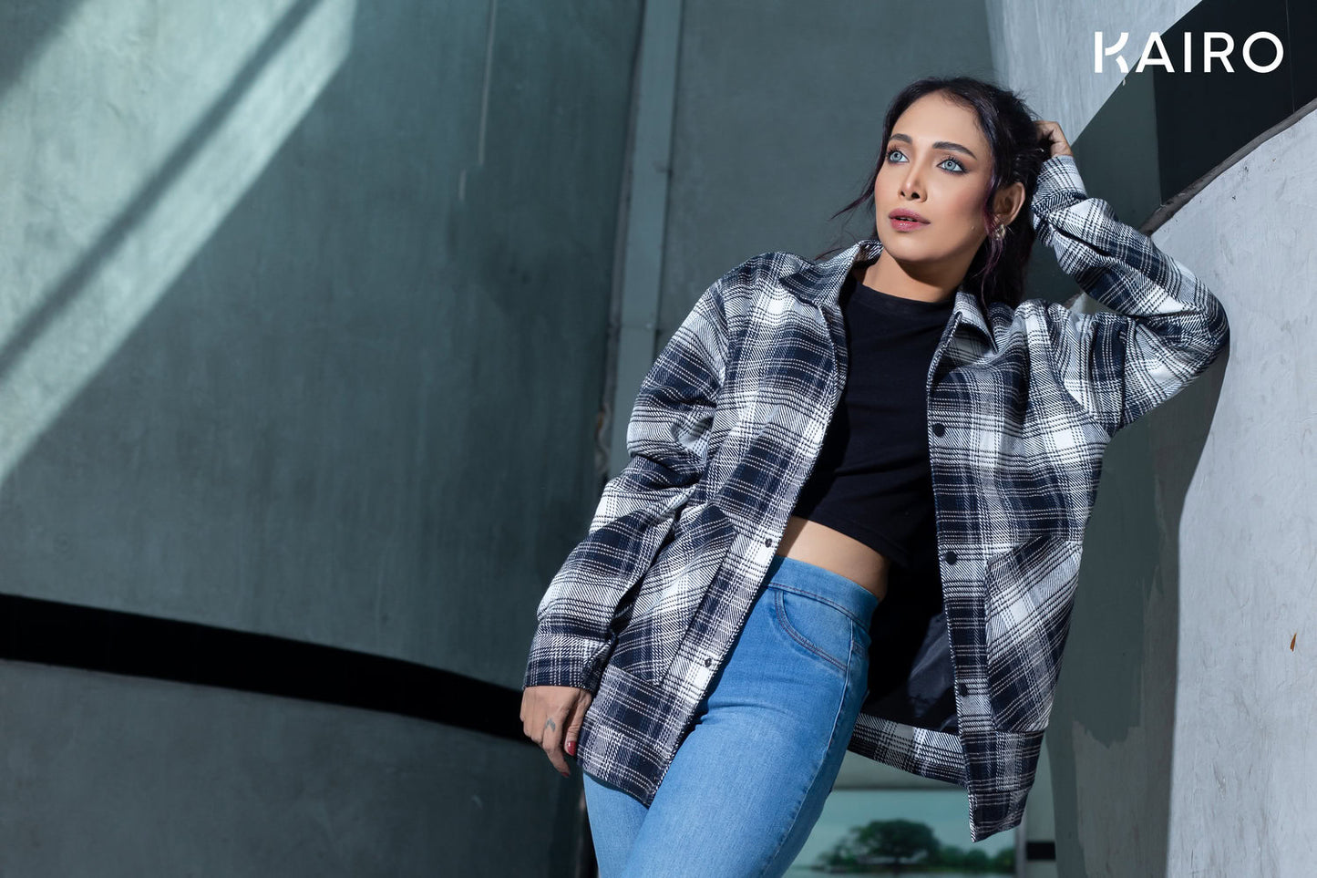 Black and White Color Check Double Part Jacket