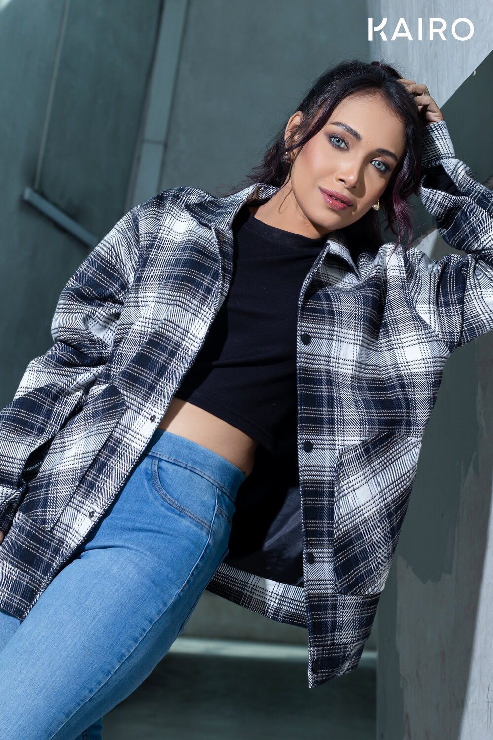 Black and White Color Check Double Part Jacket