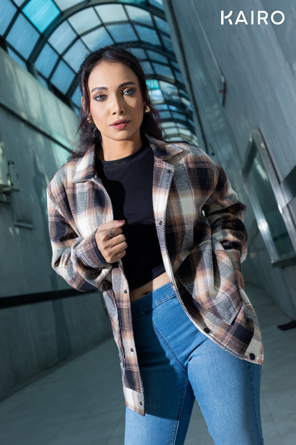 Brown and White Color Check Double Part Jacket