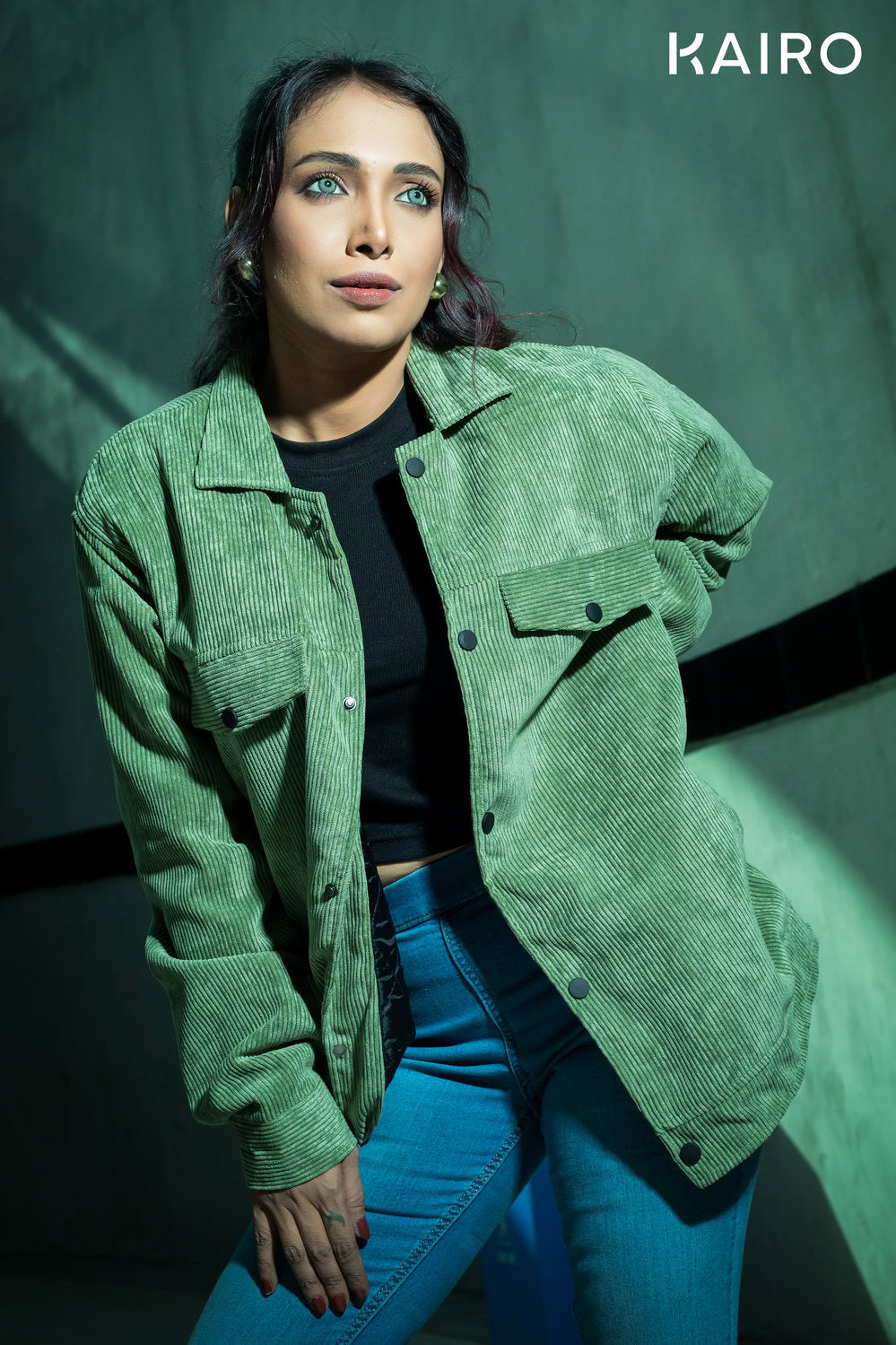 Emerald Green Color Code Fabric Double Part Jacket with Button