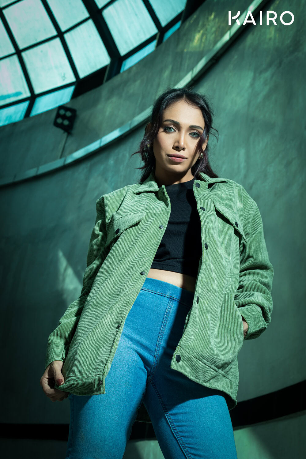 Emerald Green Color Code Fabric Double Part Jacket with Button
