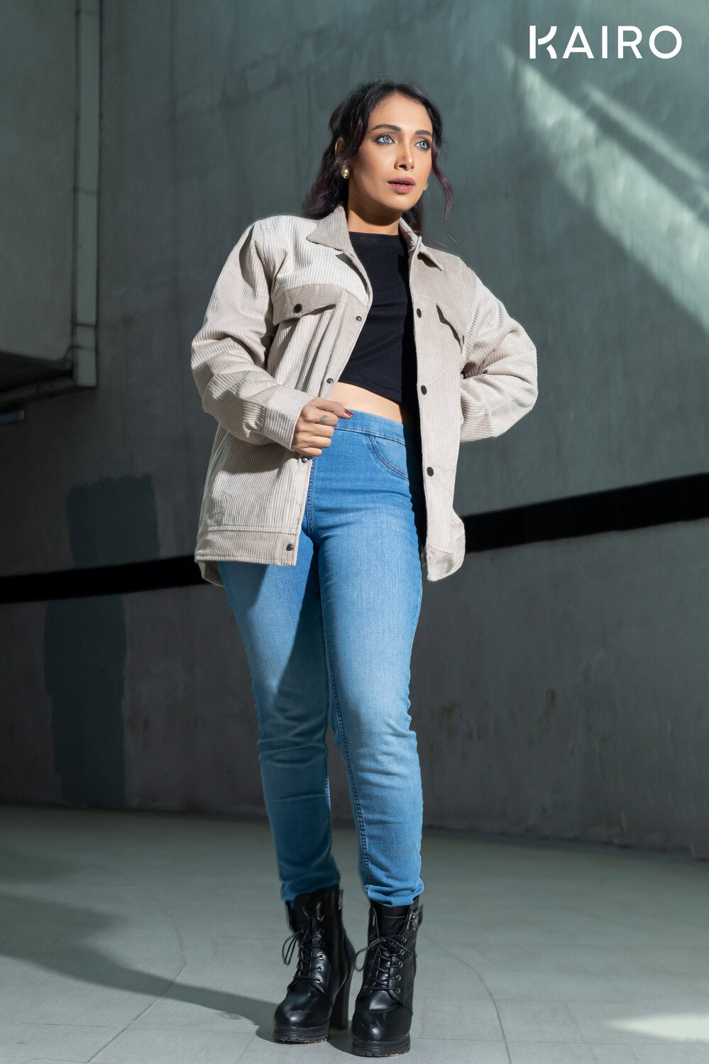 Cream Color Code Fabric Double Part Jacket with Button