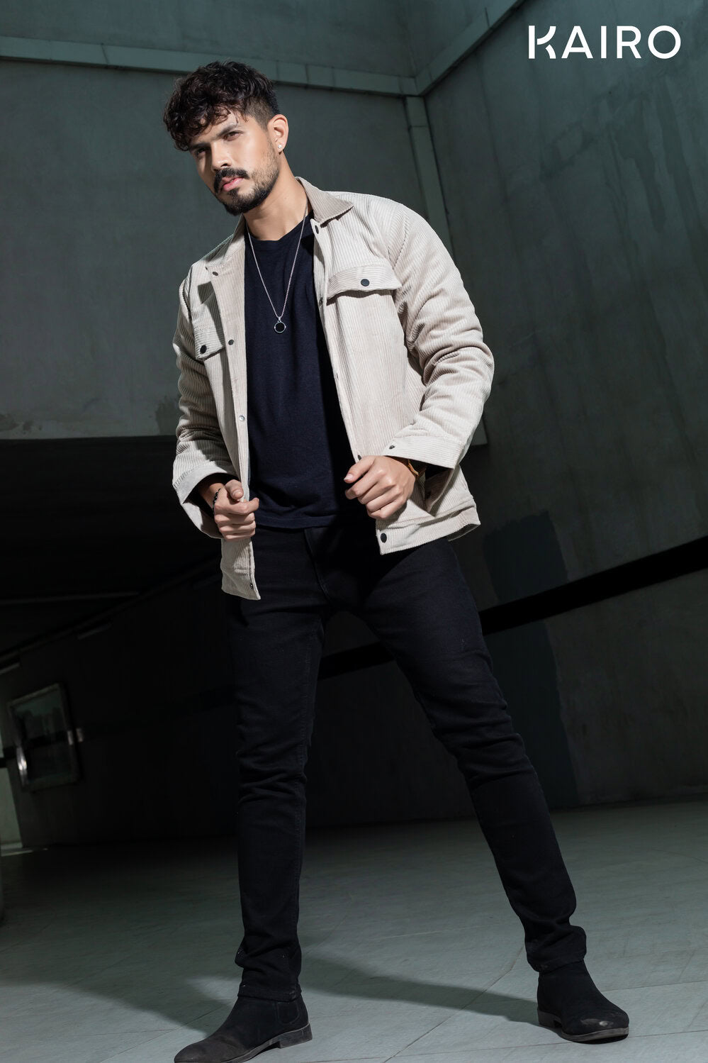 Cream Color Code Fabric Double Part Jacket with Button