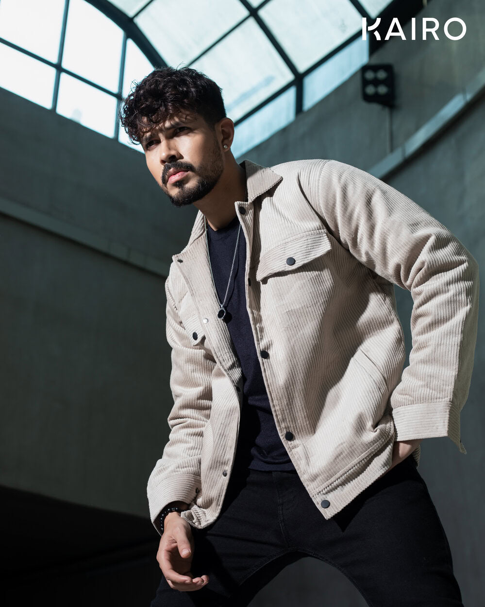 Cream Color Code Fabric Double Part Jacket with Button