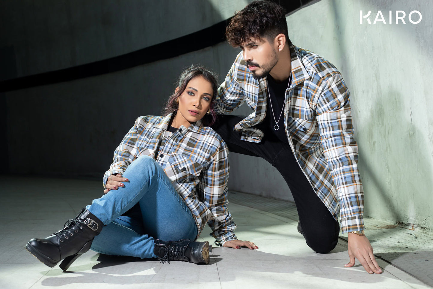 Blue and White Color Check Double Part Jacket