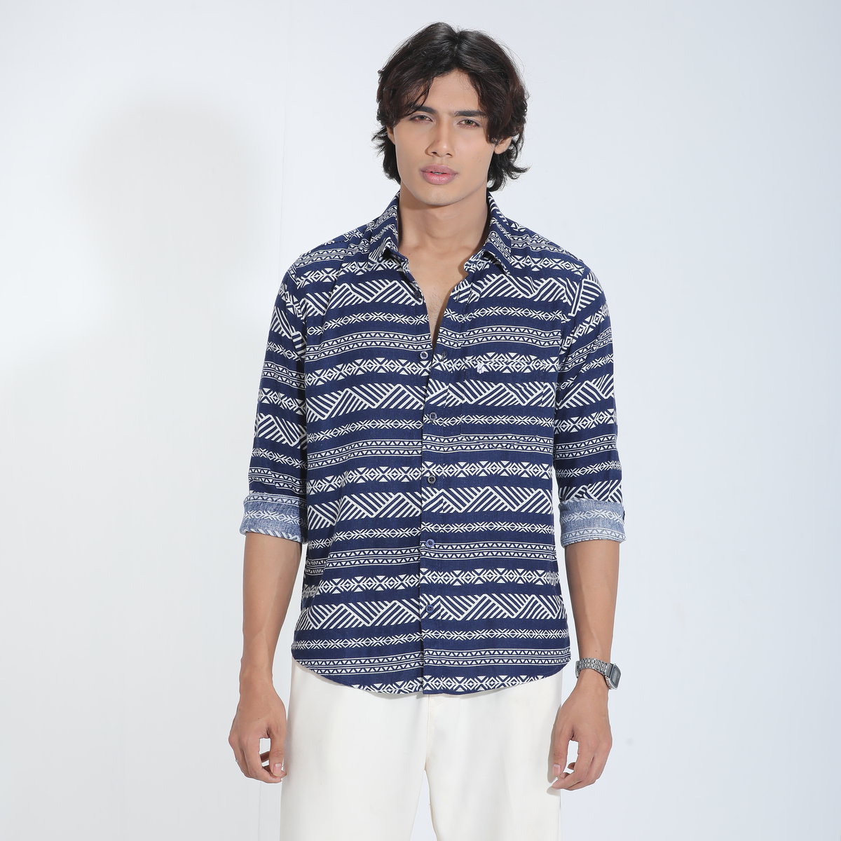 Blue & White Printed Cotton Check Full Sleeve Shirt – Kairo