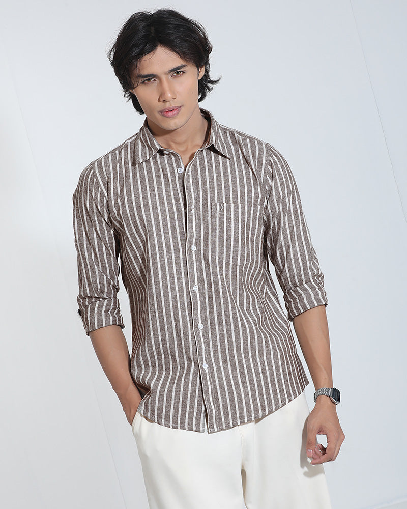 Coffee Beige Remi-Cotton Striped Shirt