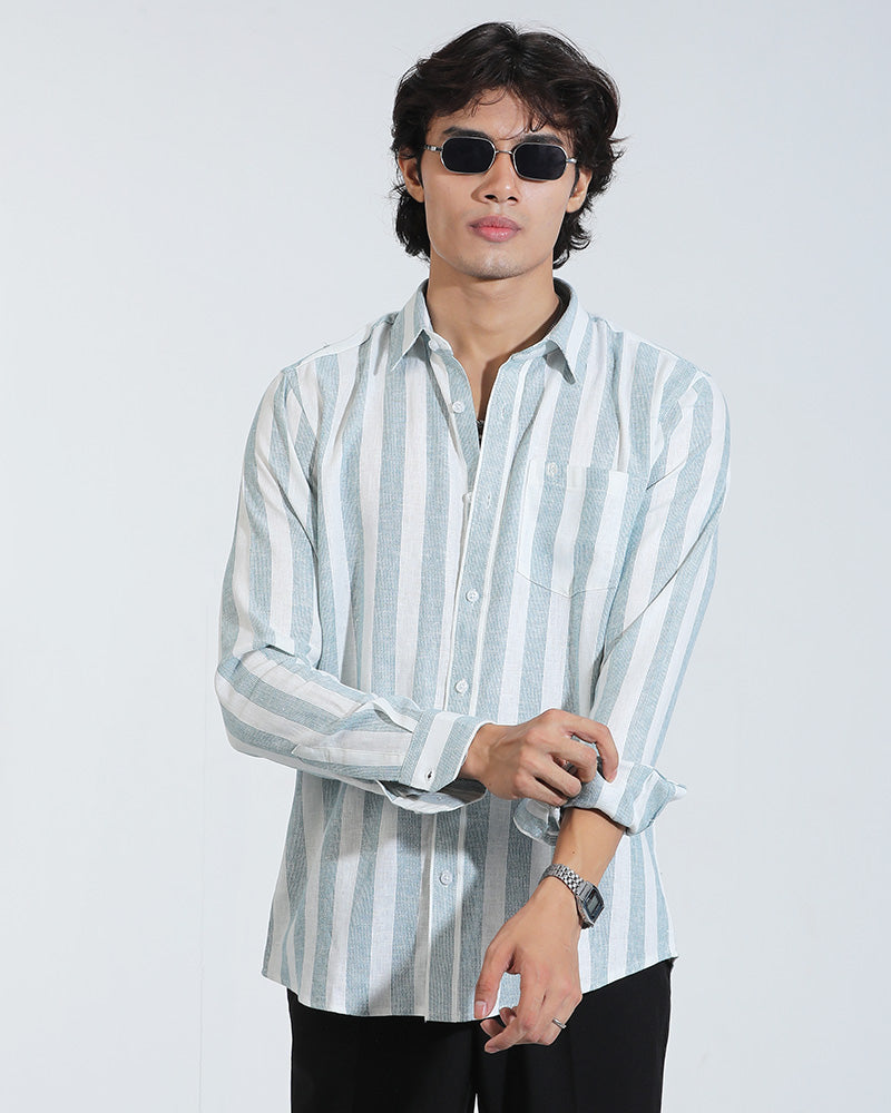 Green and White Remi Cotton Striped Full Sleeve Shirt – Kairo