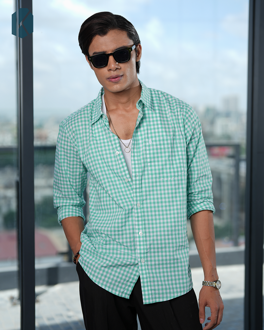 Green And White Cotton Check Full Sleeve Shirt – Kairo