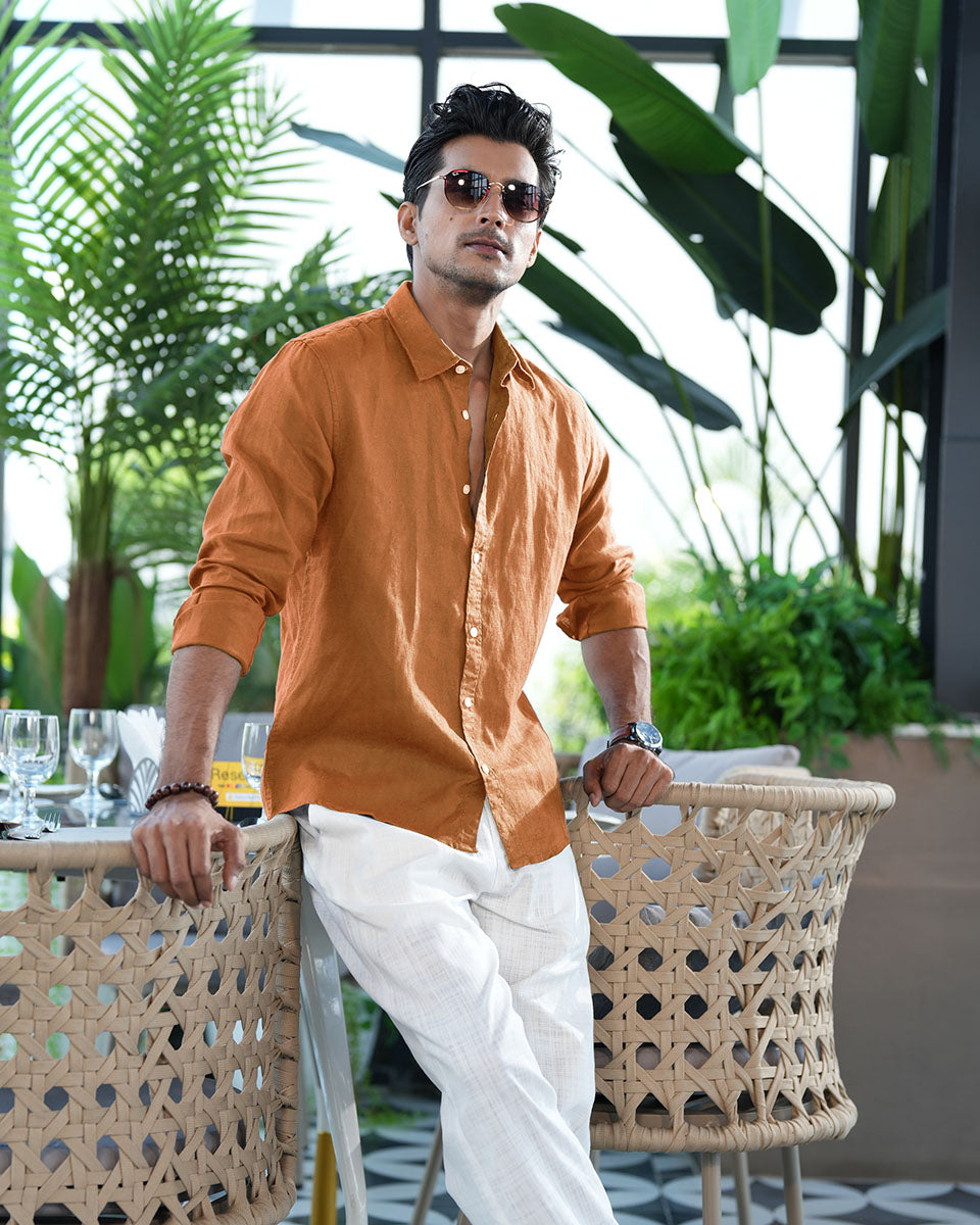 Brick Color Full Sleeve Remi-Cotton Shirt – Kairo