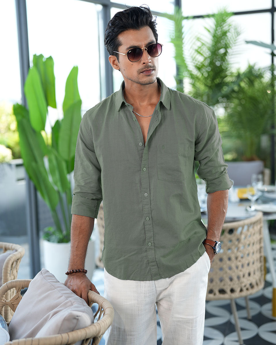 Olive Color Full Sleeve Remi-Cotton Shirt – Kairo