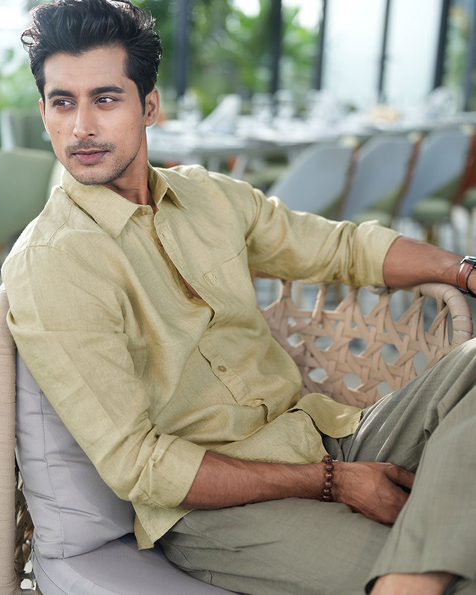 MetalicGold Color Full Sleeve Remi-Cotton Shirt – Kairo