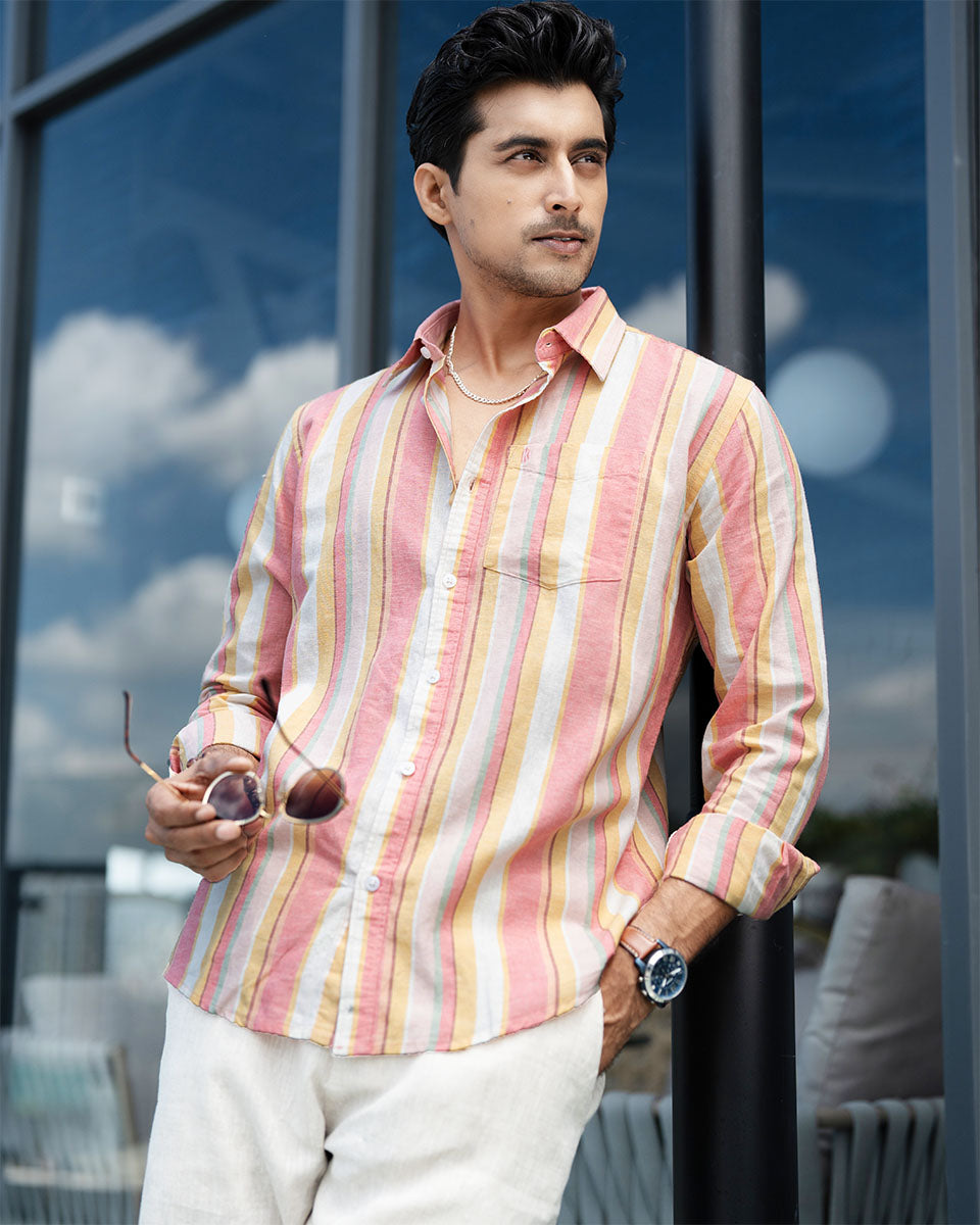 Sunrise Pink & Gold Full Sleeve Remi-Cotton Striped Shirt