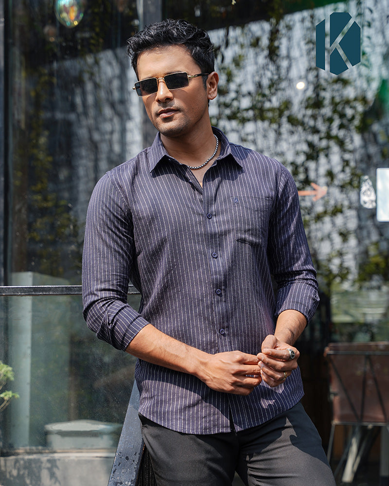Premium Navy Blue Full Sleeve Shirt - Remi Cotton with Fine White Stripes
