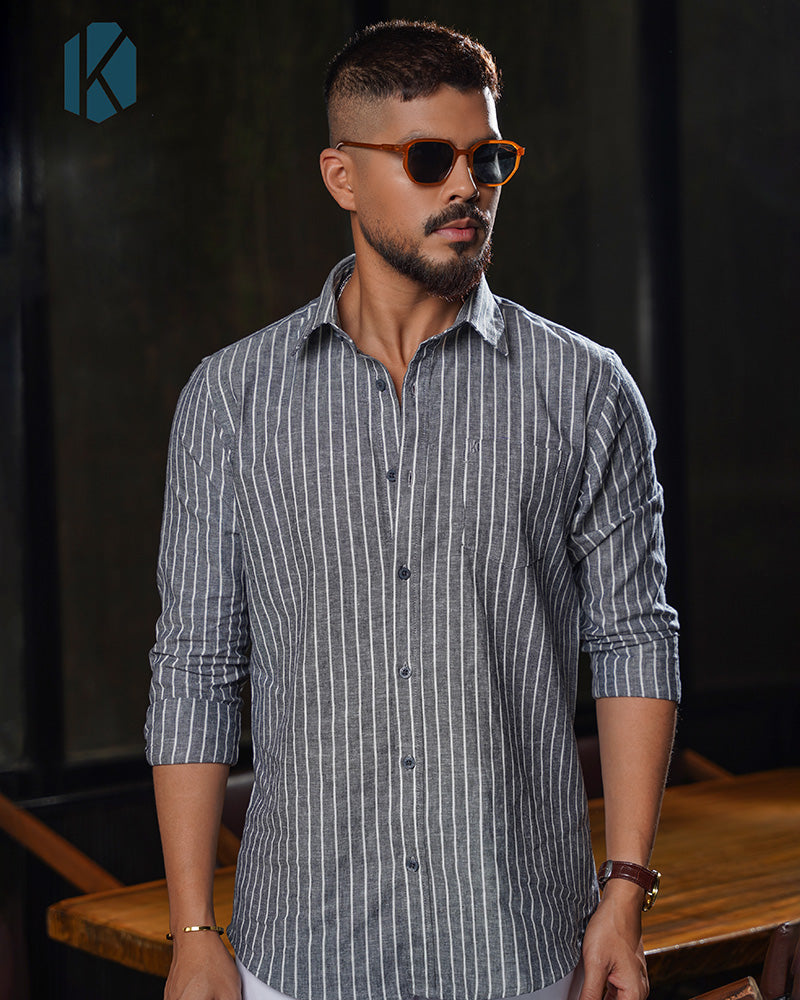 Charcoal Grey & White Stripe Full Sleeve Shirt - Premium Remi Cotton
