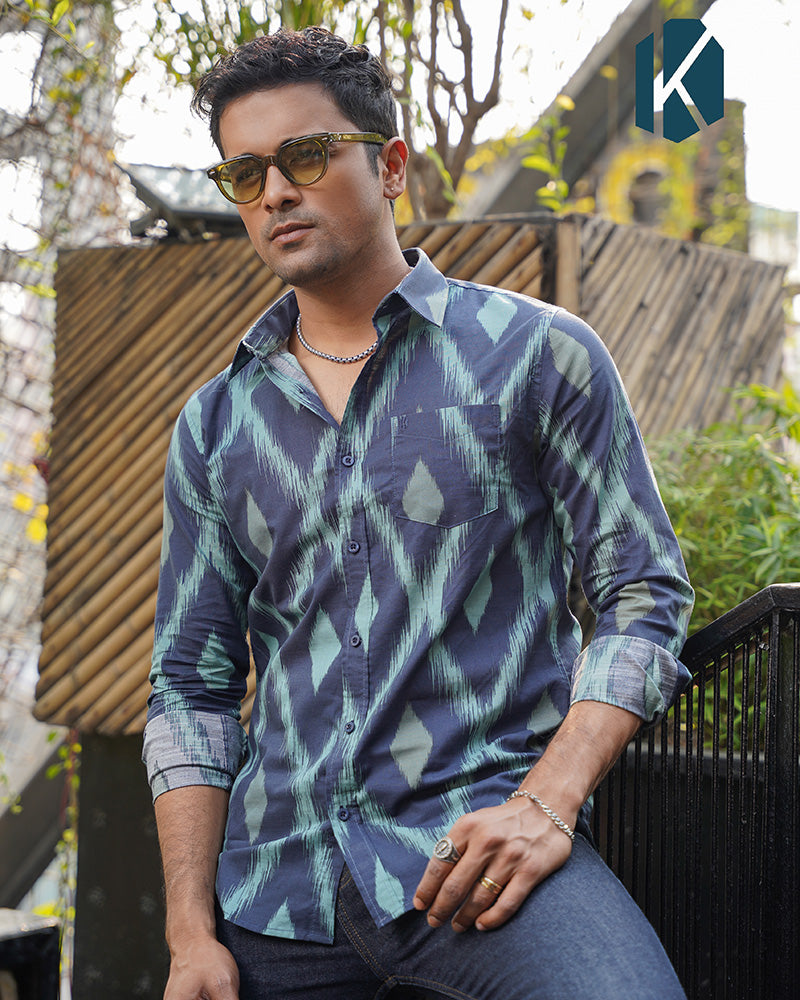 Navy Blue Ikat Print Remi Cotton Full Sleeve Shirt for Men – Bold Artistic Casual Style