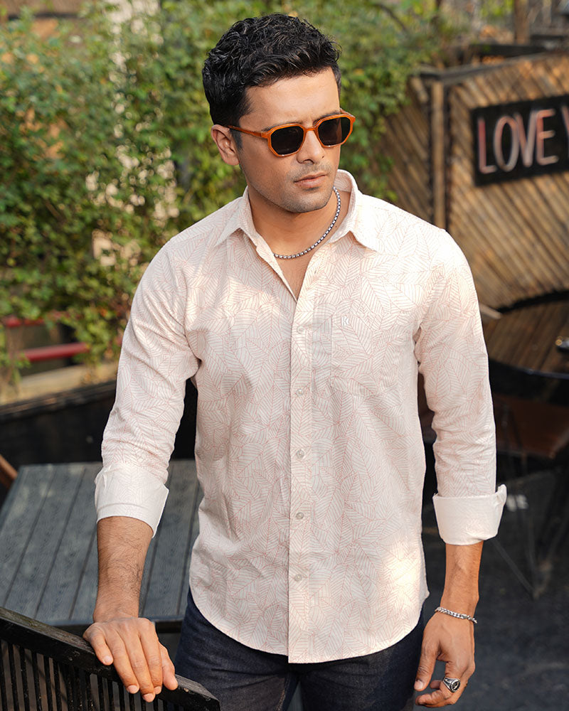 White Botanical Leaf Print Remi Cotton Full Sleeve Shirt for Men – Effortless Smart-Casual Style