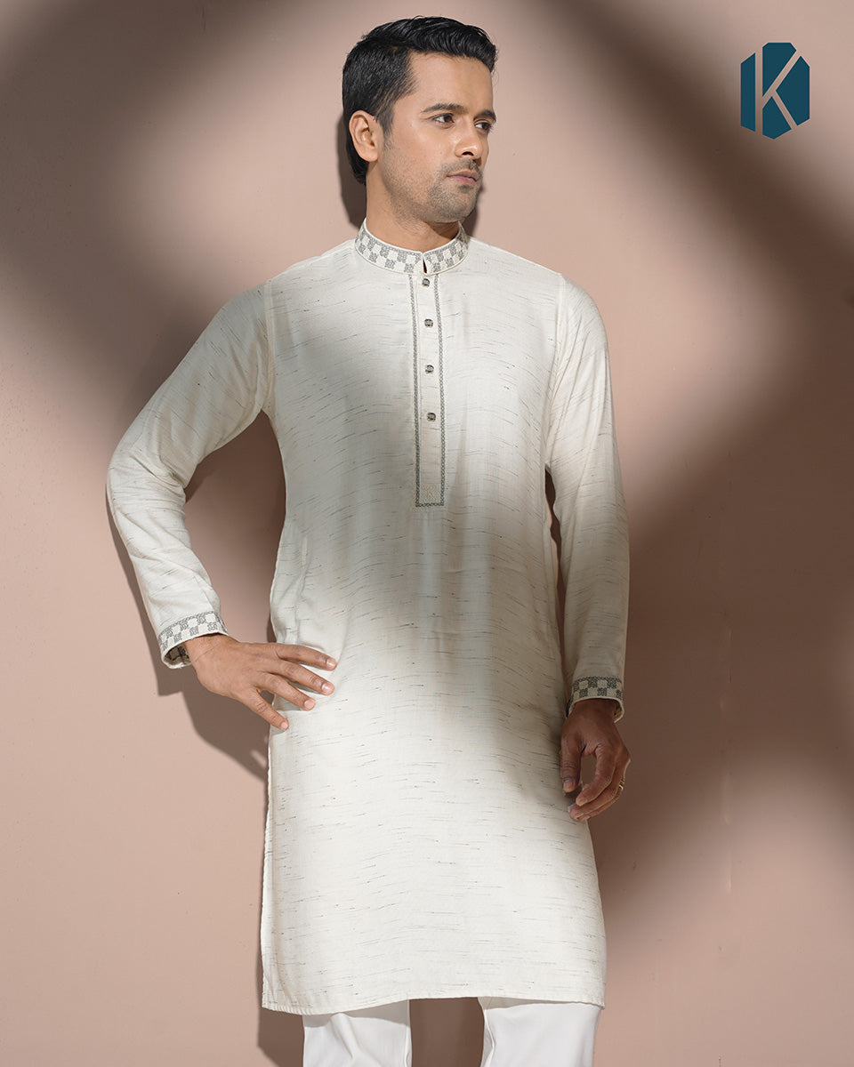 Off-White Textured Panjabi with Grey Embroidery for Men