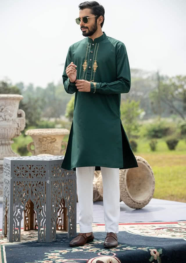 Green Embroidery Dobby Cotton Panjabi