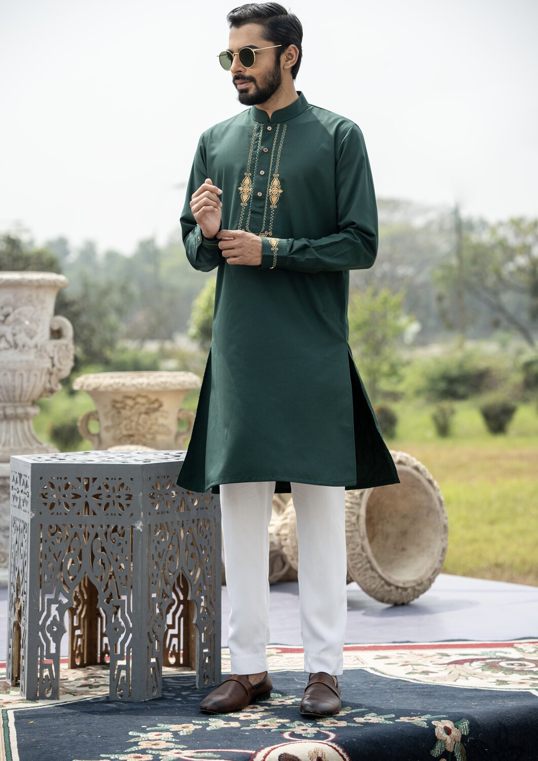 Green Embroidery Dobby Cotton Panjabi