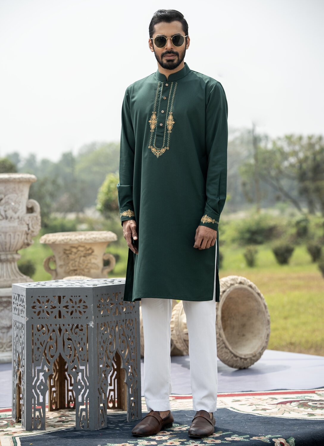 Green Embroidery Dobby Cotton Panjabi