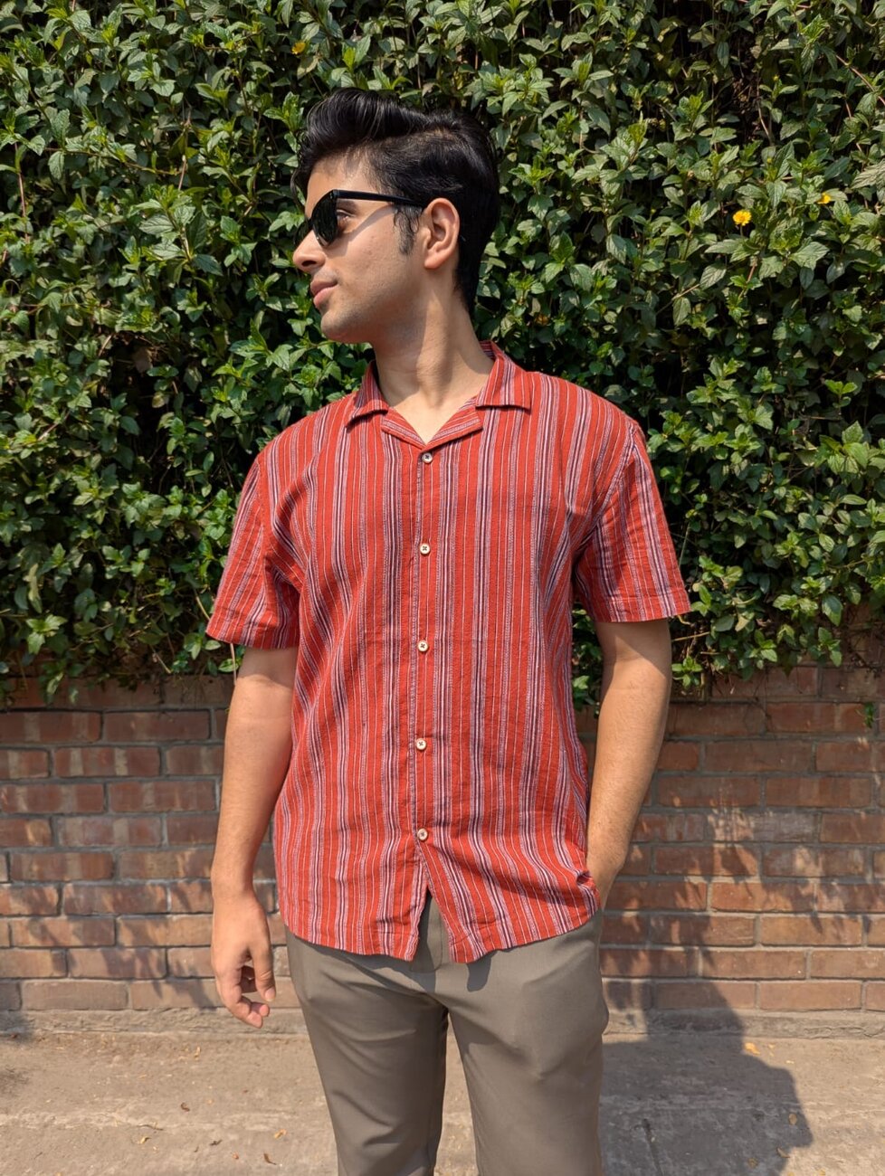 Orange Fancy Cotton Striped Half Sleeve Shirt