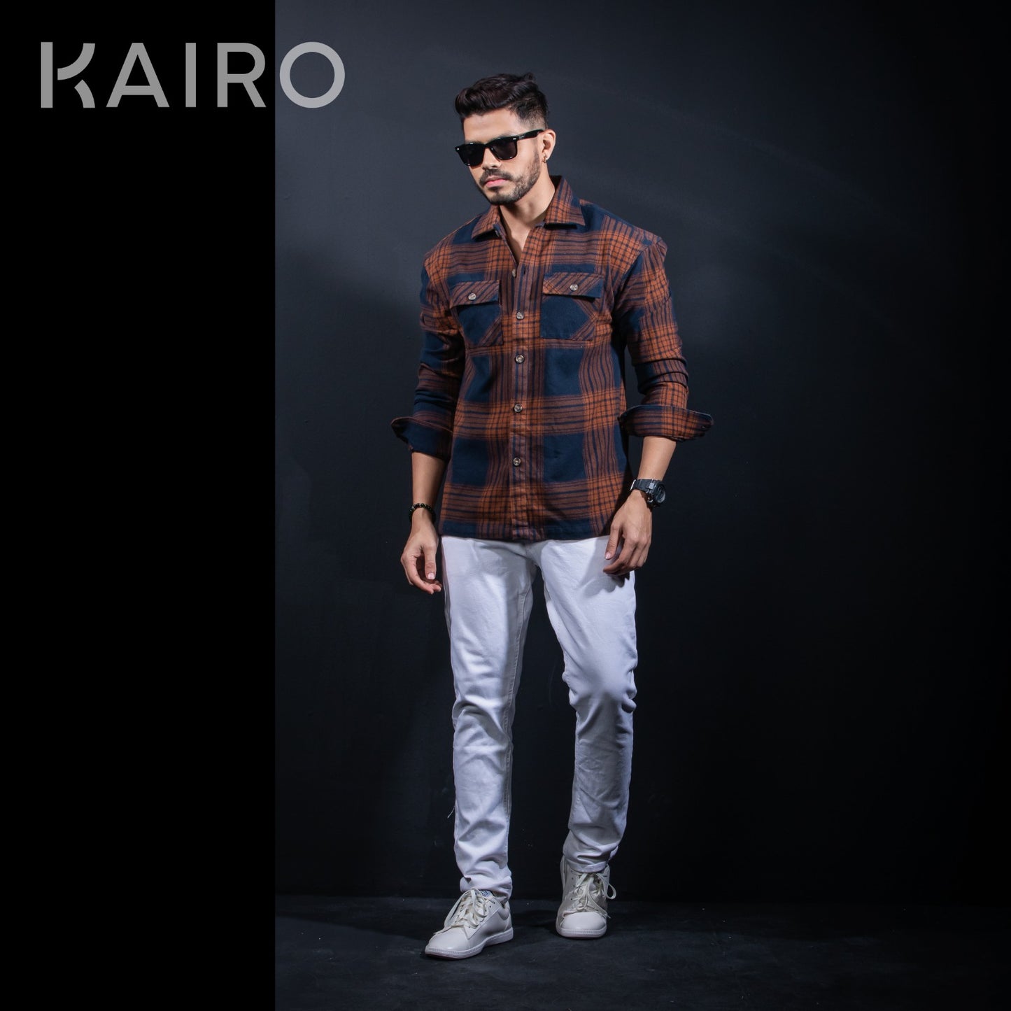 Double Pocket Blue and Brown Check Cotton Shacket Jacket