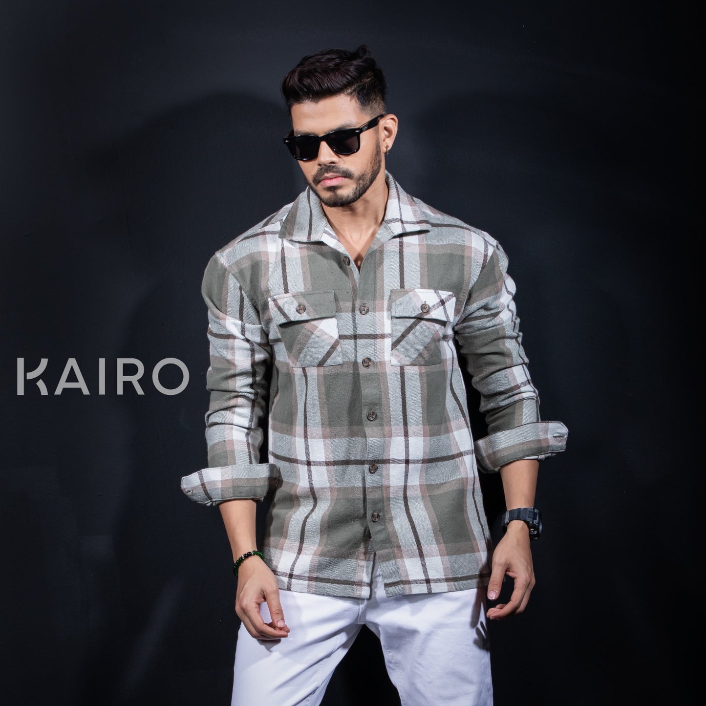 Double pocket olive check cotton shacket jacket