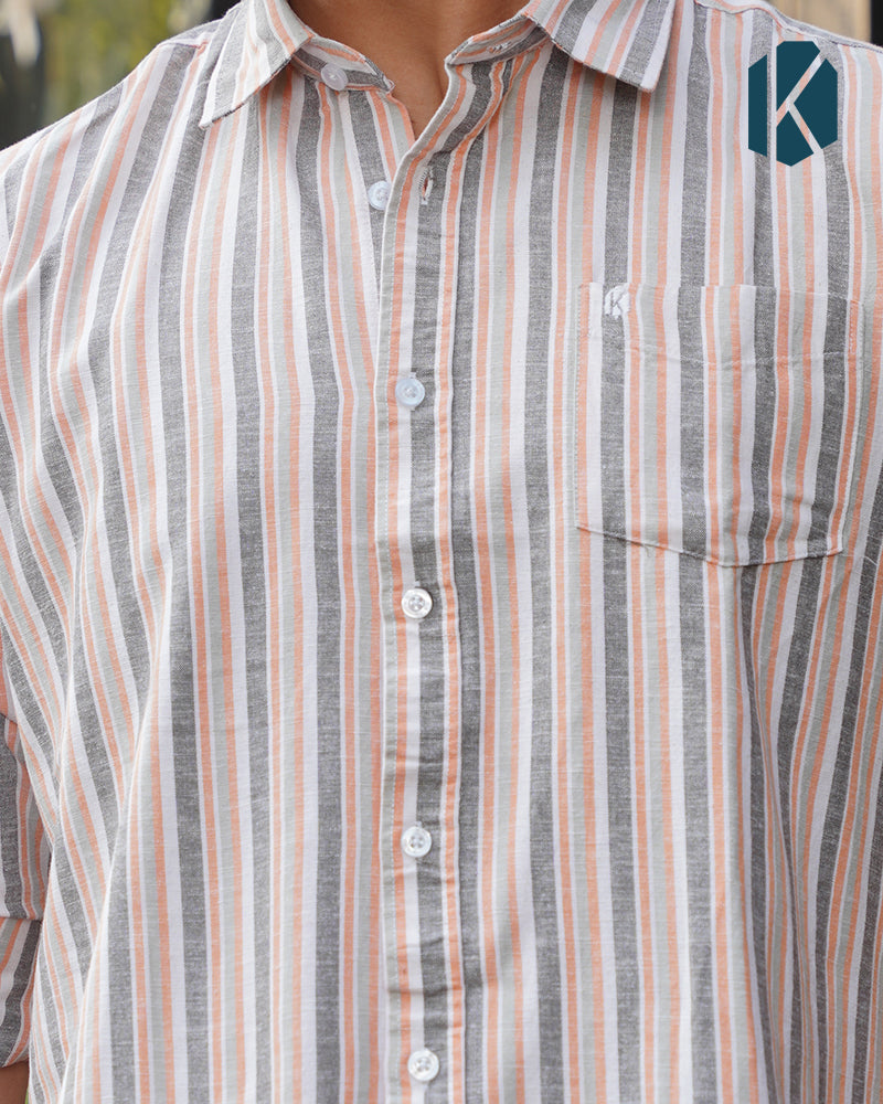 White with Terracotta & Grey Striped Remi Cotton Full Sleeve Shirt for Men – Casual Smart Style