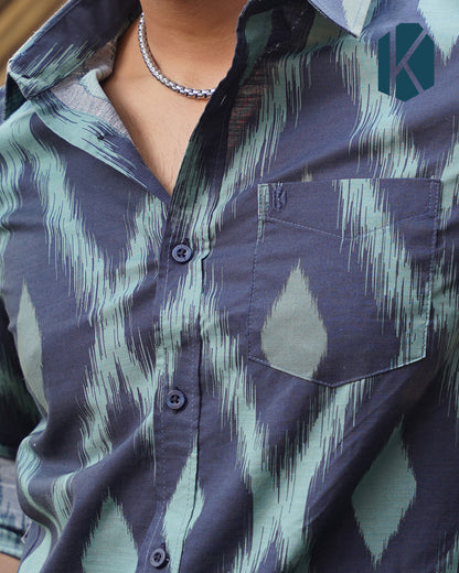 Navy Blue Ikat Print Remi Cotton Full Sleeve Shirt for Men – Bold Artistic Casual Style