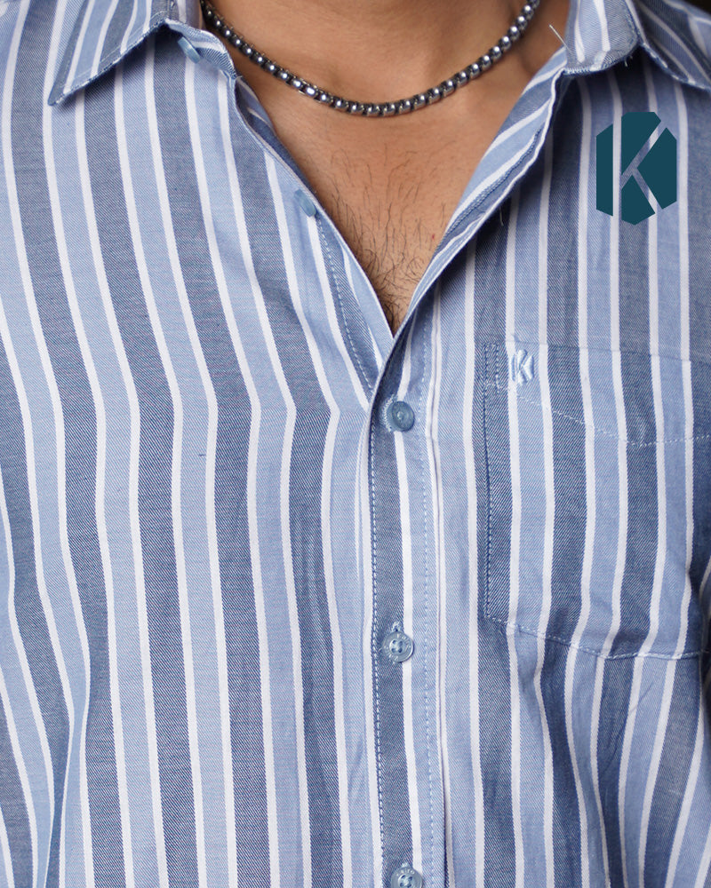 Steel Blue & White Stripe Full Sleeve Shirt - Premium Remi Cotton