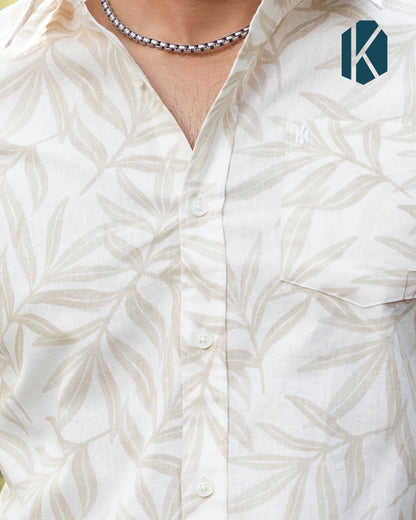 Off-White Botanical Leaf Print Remi Cotton Full Sleeve Shirt for Men – Natural & Effortlessly Stylish