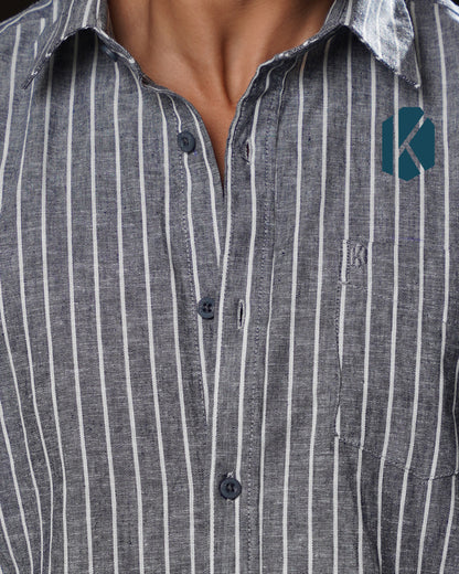 Charcoal Grey & White Stripe Full Sleeve Shirt - Premium Remi Cotton