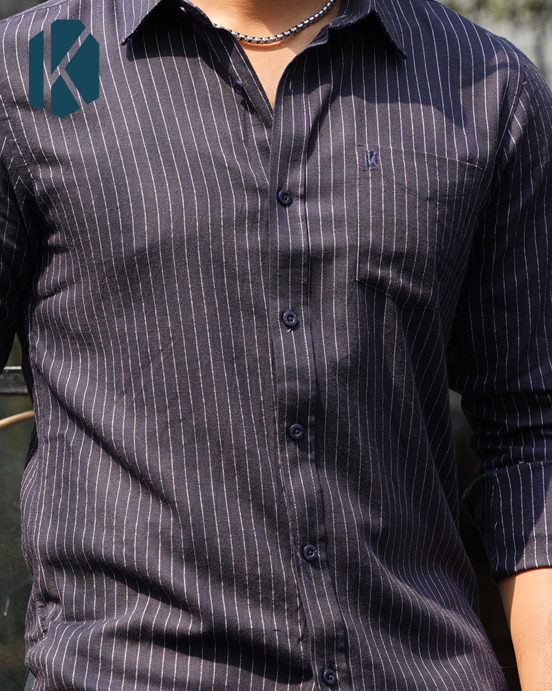Premium Navy Blue Full Sleeve Shirt - Remi Cotton with Fine White Stripes