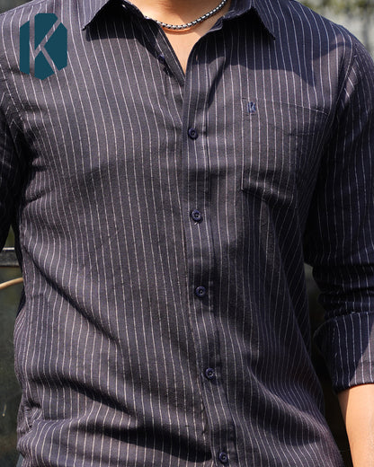 Premium Navy Blue Full Sleeve Shirt - Remi Cotton with Fine White Stripes