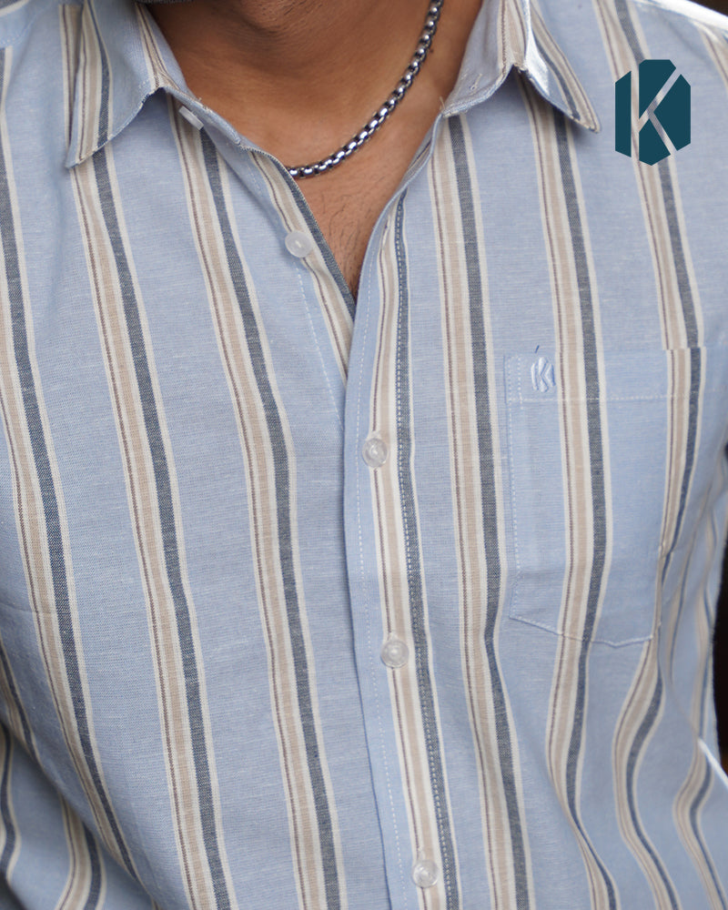Sky Blue with Black and White Striped Remi Cotton Full Sleeve Shirt for Men – Fresh Smart-Casual Style