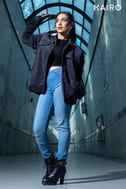 Black Color Code Fabric Double Part Jacket