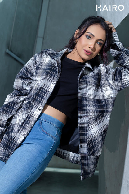 Black and White Color Check Double Part Jacket