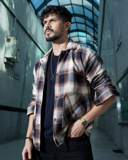 Brown and White Color Check Double Part Jacket