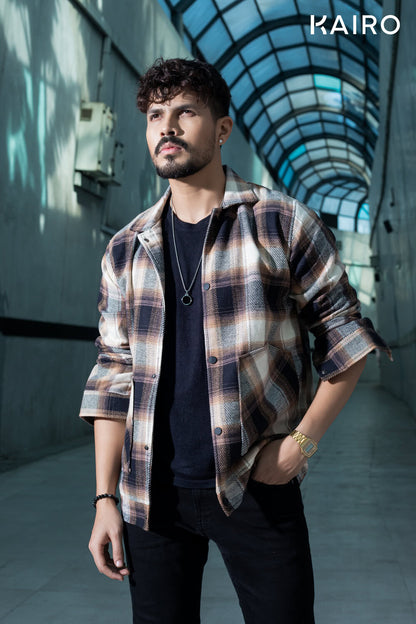 Brown and White Color Check Double Part Jacket