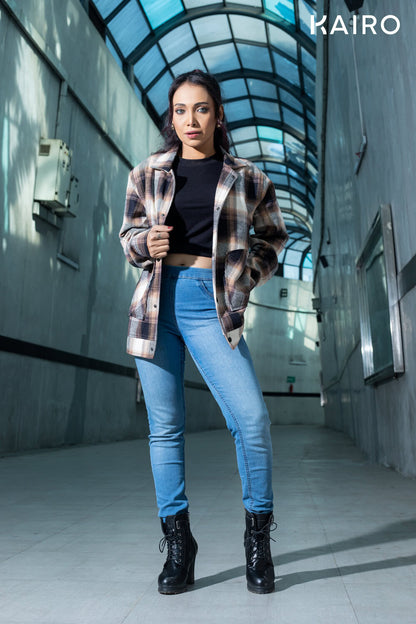 Brown and White Color Check Double Part Jacket