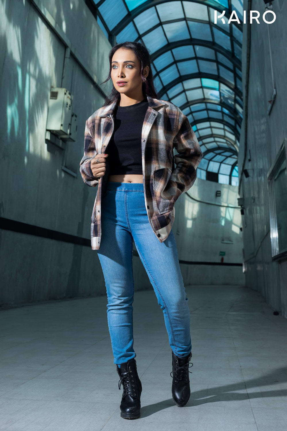 Brown and White Color Check Double Part Jacket