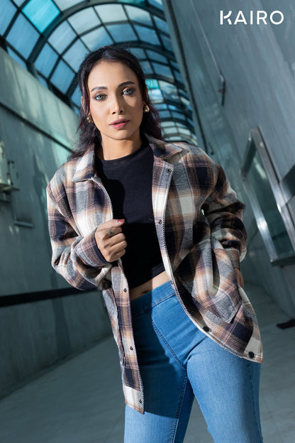 Brown and White Color Check Double Part Jacket