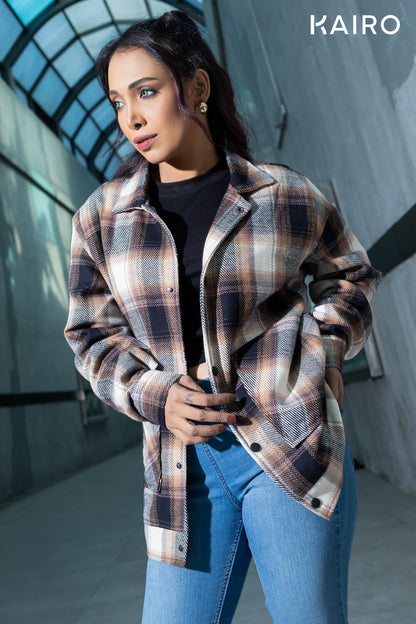 Brown and White Color Check Double Part Jacket