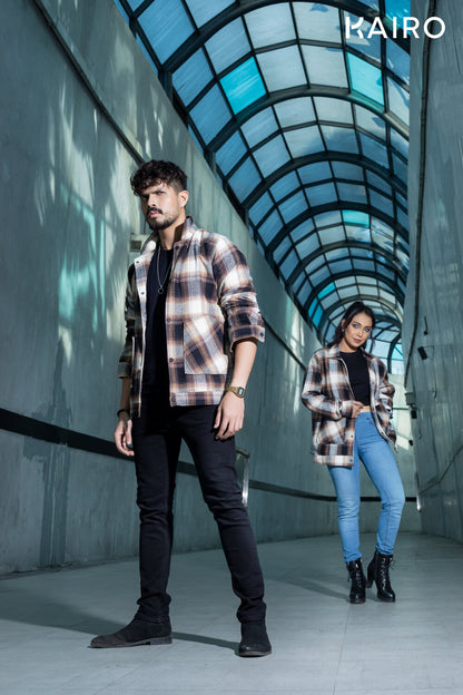 Brown and White Color Check Double Part Jacket