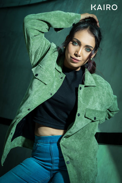 Emerald Green Color Code Fabric Double Part Jacket with Button