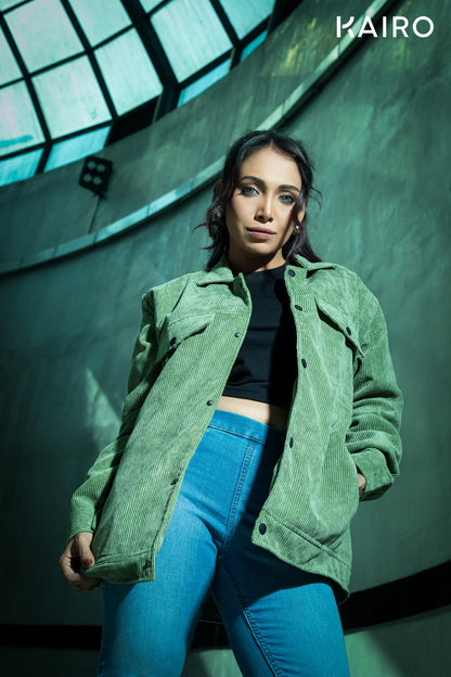 Emerald Green Color Code Fabric Double Part Jacket with Button