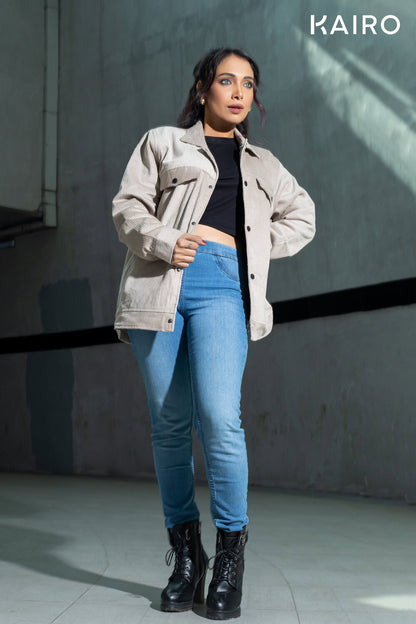 Cream Color Code Fabric Double Part Jacket with Button