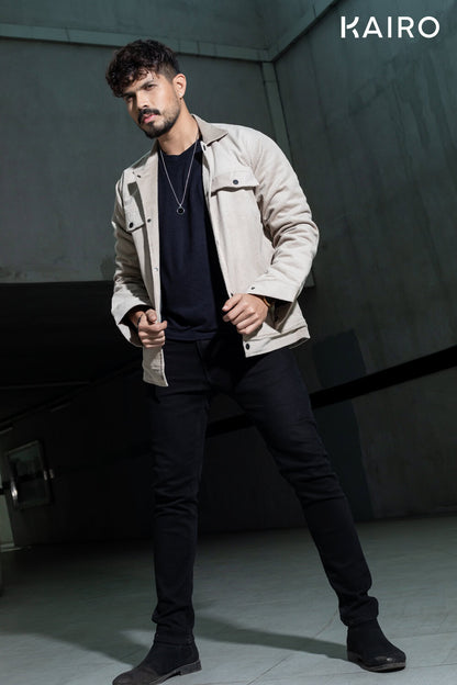 Cream Color Code Fabric Double Part Jacket with Button